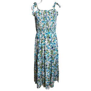 Hayden Sun Dress Maxi Blue Print Rayon Smock Tiered Boho Pockets Womens L